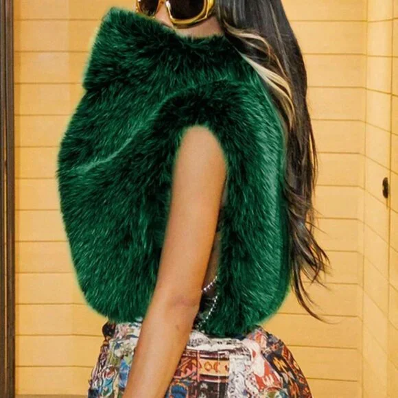 Green Casual Women's Fuzzy Flannelette High Neck Sleeveless Tank Top